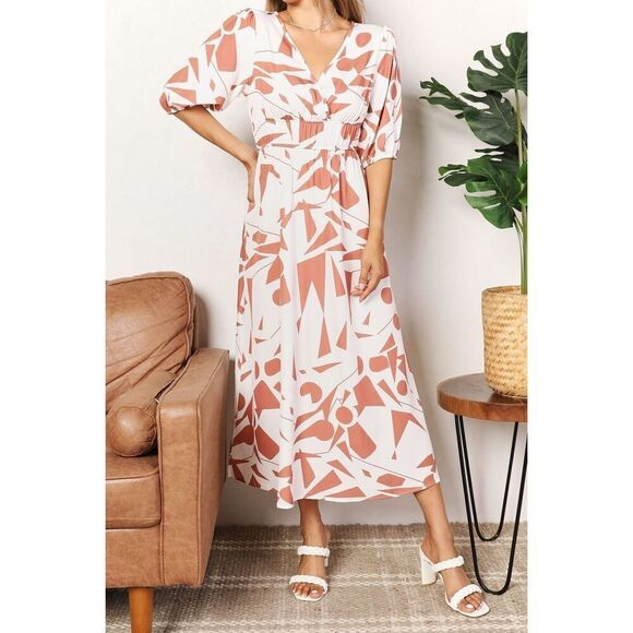 Cream Tan Geometric A-Line  Sleeve Casual Work Dress Sz Large - Picture 1 of 8